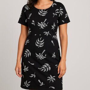 Red Ginger Black White Leaf Print Dress Medium 100% Cotton Short Sleeve